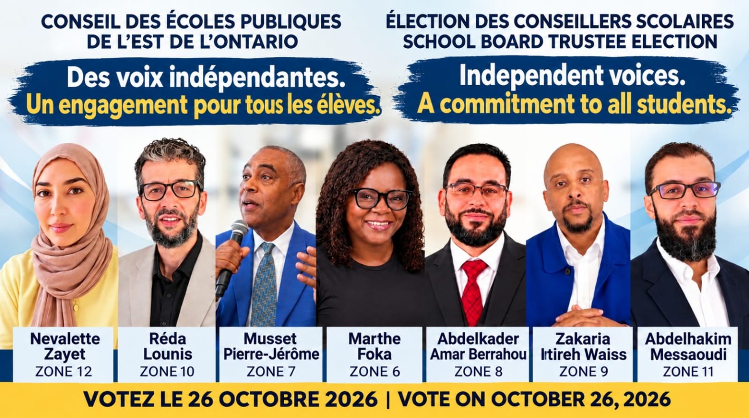 CEPEO school board trustee election campaign: Nevalette Zayet, Réda Lounis, Musset Pierre-Jérôme, Marthe Foka, Abdelkader Amar Berrahou, Zakaria Itireh Waiss and Abdelhakim Messaoudi. Vote October 26, 2026.
