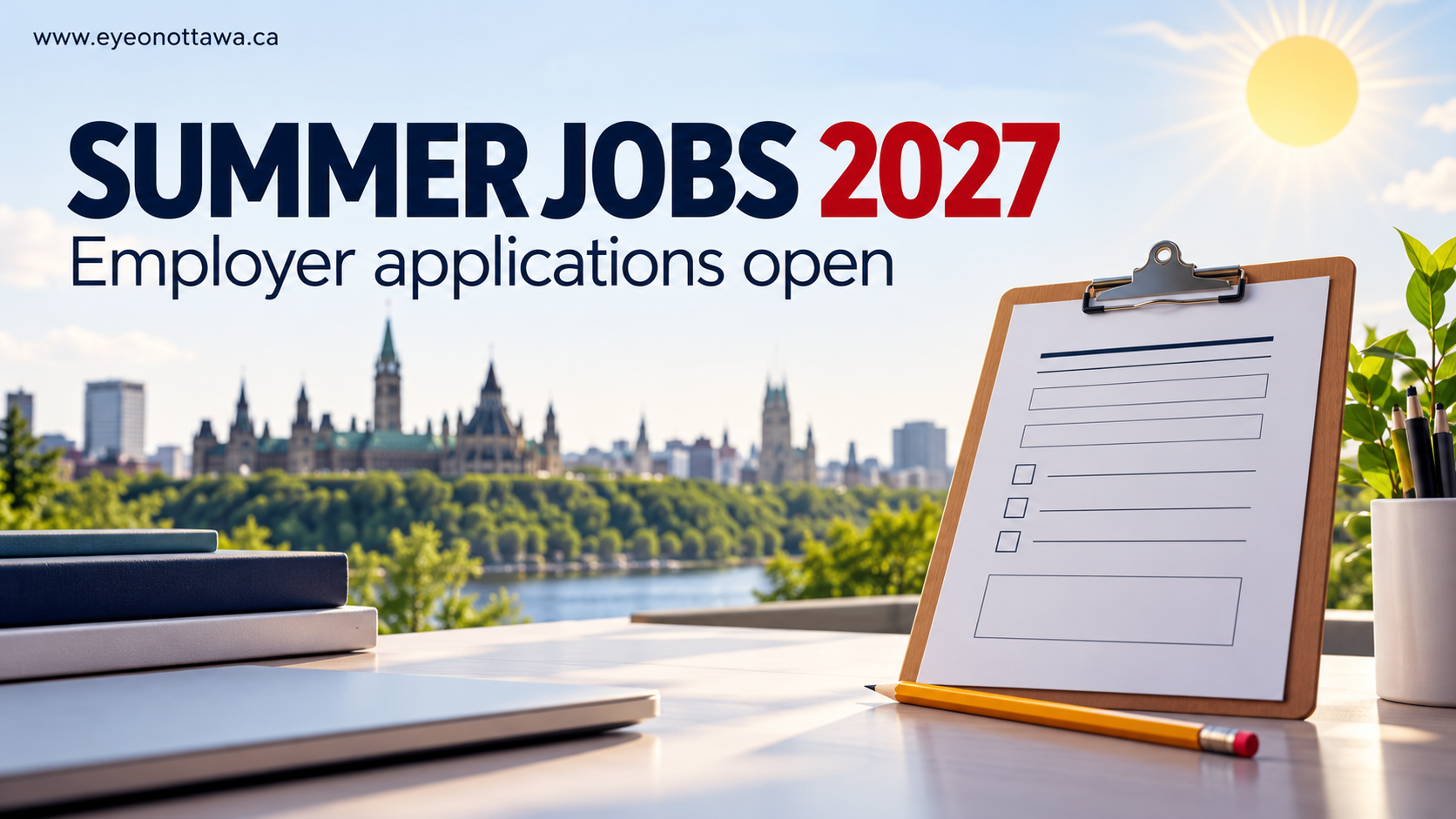 Conceptual illustration of a job application clipboard with summer sunlight and Ottawa skyline