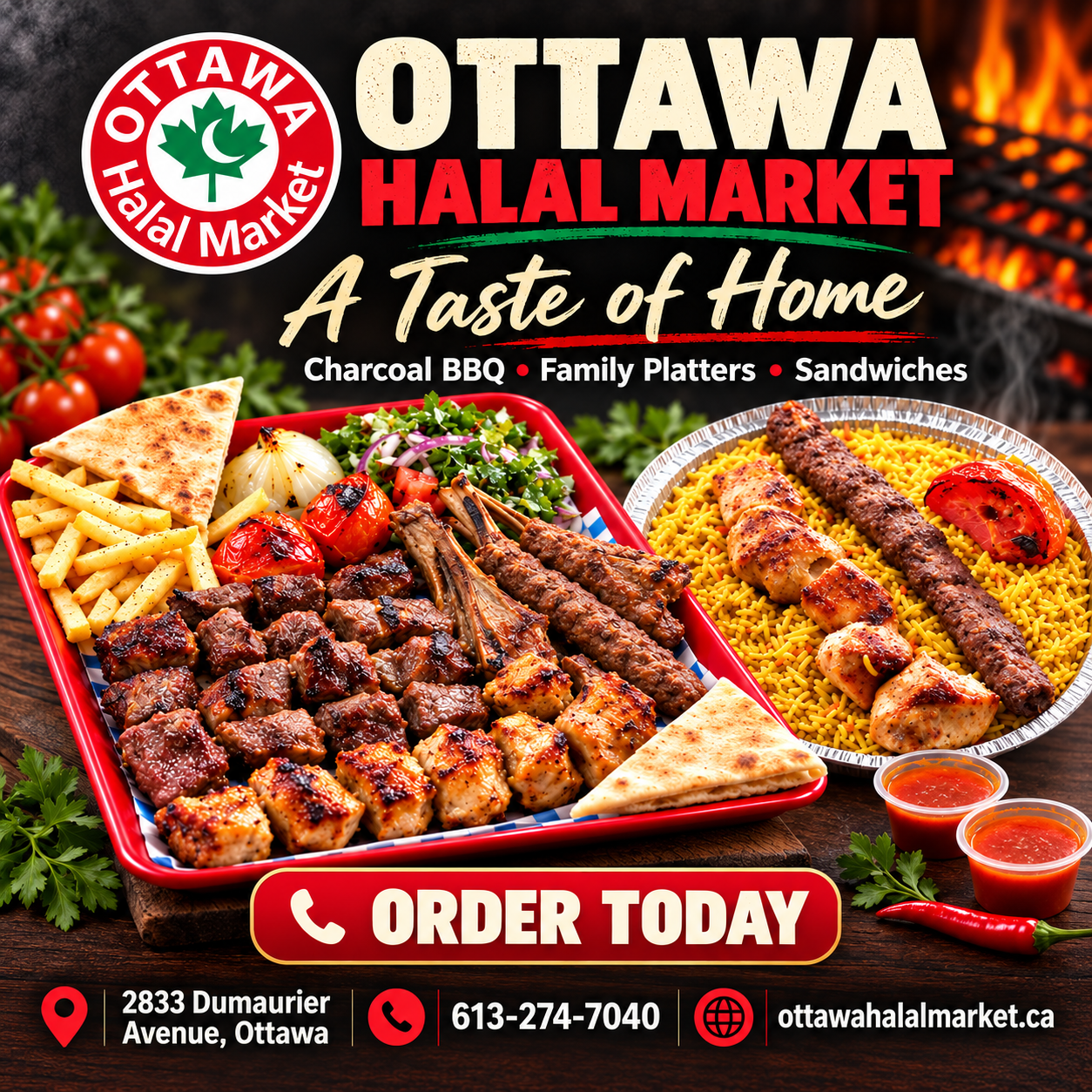 Ottawa Halal Market — Charcoal BBQ, family platters and sandwiches. 2833 Dumaurier Avenue, Ottawa. Call 613-274-7040.
