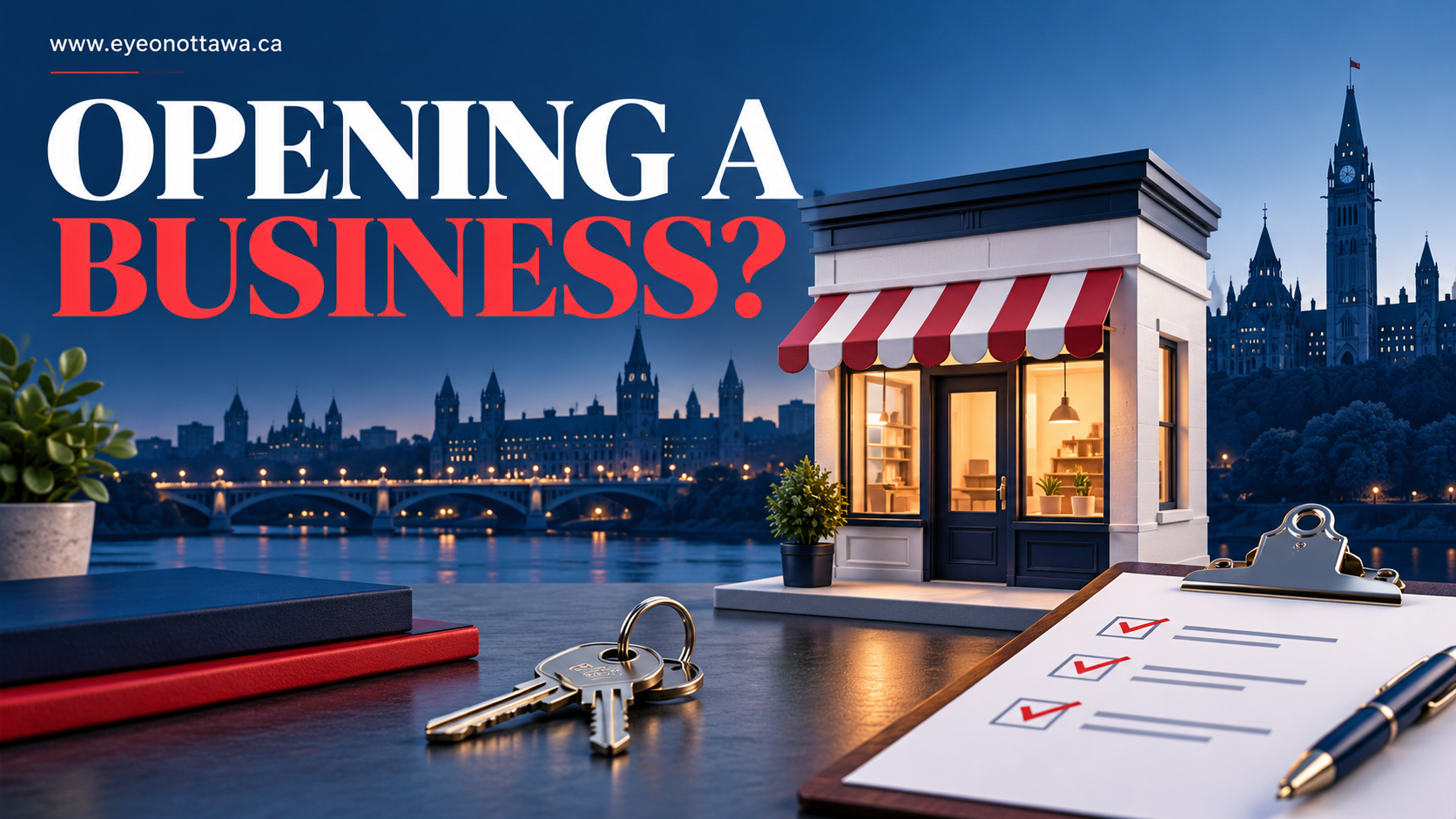Illustrative image: miniature storefront, keys and checklist against an Ottawa-inspired skyline.