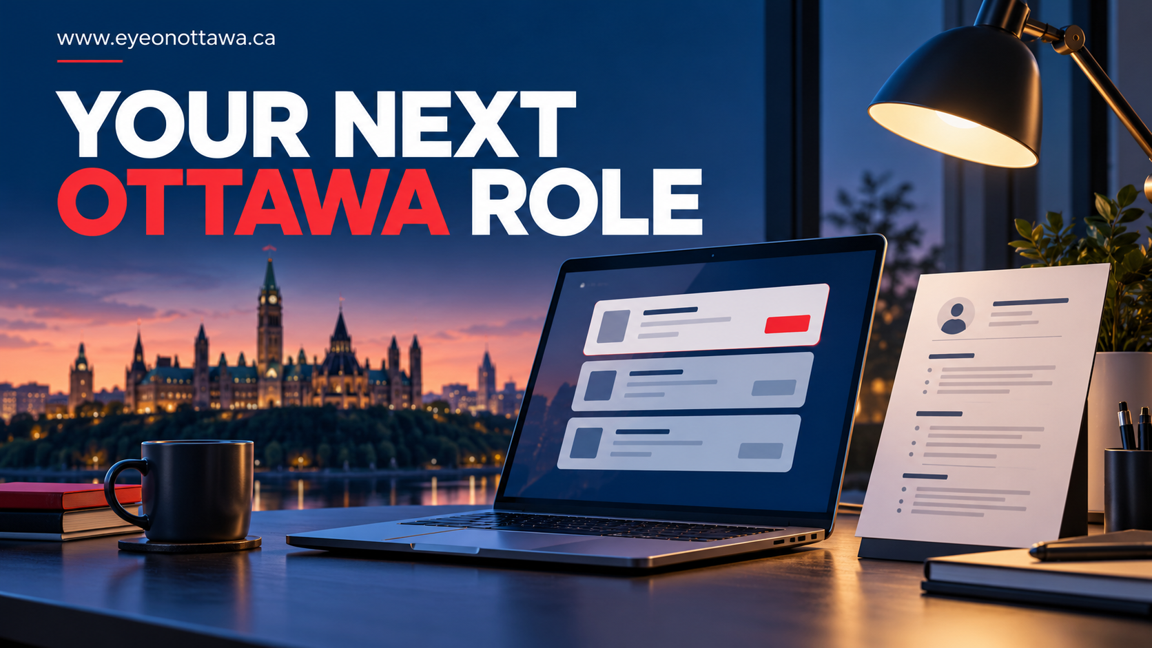 Illustrative image: Premium conceptual still life of a laptop with abstract job cards and a tidy resume with no legible personal data, a desk lamp and subtle Ottawa skyline silhouettes. No named employers or people.