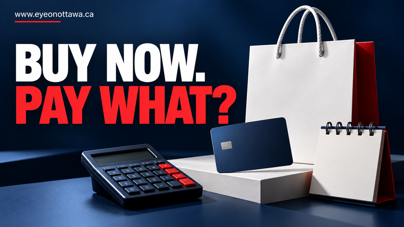 Illustrative image: Premium conceptual still life of a blank shopping bag, generic unbranded payment card, a calculator and calendar blocks. No numbers or logos.