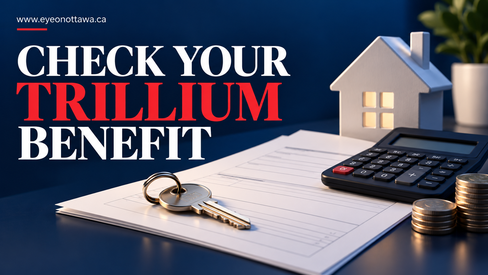 Illustrative image: Premium conceptual still life of a house key, blank tax paperwork, a simple calculator and a small stack of generic metal coins. No real currency detail or official document.